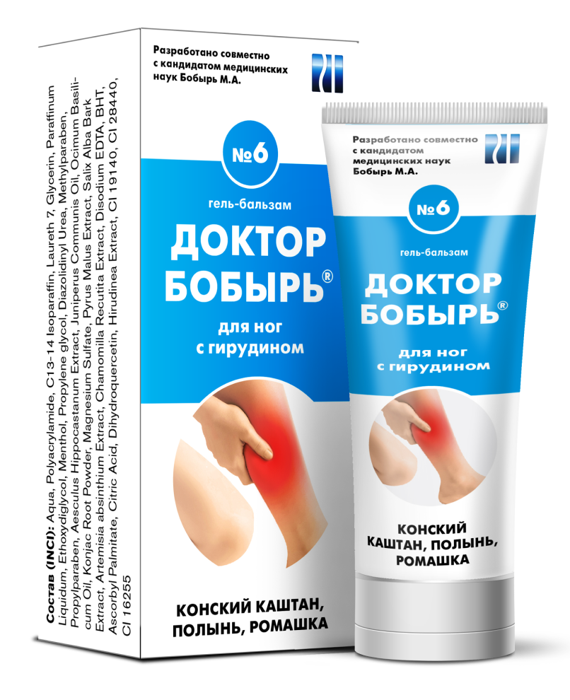 Гель-бальзам для ног Доктор Бобырь® №6 с гирудином. Клиника Бобыря